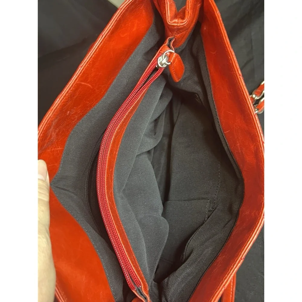 Red Quilted Stitched Fold Over Shoulder Bag Silver Hardware Double Handled Purse